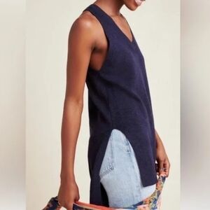 Anthropologie Desmond Sleeveless Knit V-Neck Tunic w/ Side Slits, Navy Blue, EUC